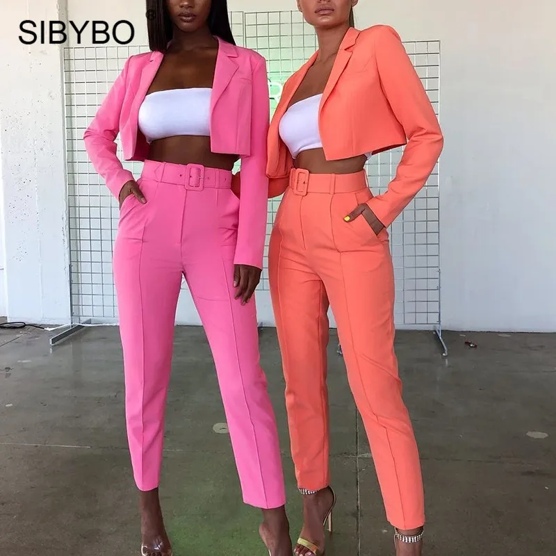 

SIBYBO Autumn High Waist Casual Women Blazer Top and Pants Set Long Sleeve Sashes Sexy Two Piece Set Solid Pockets Women Set