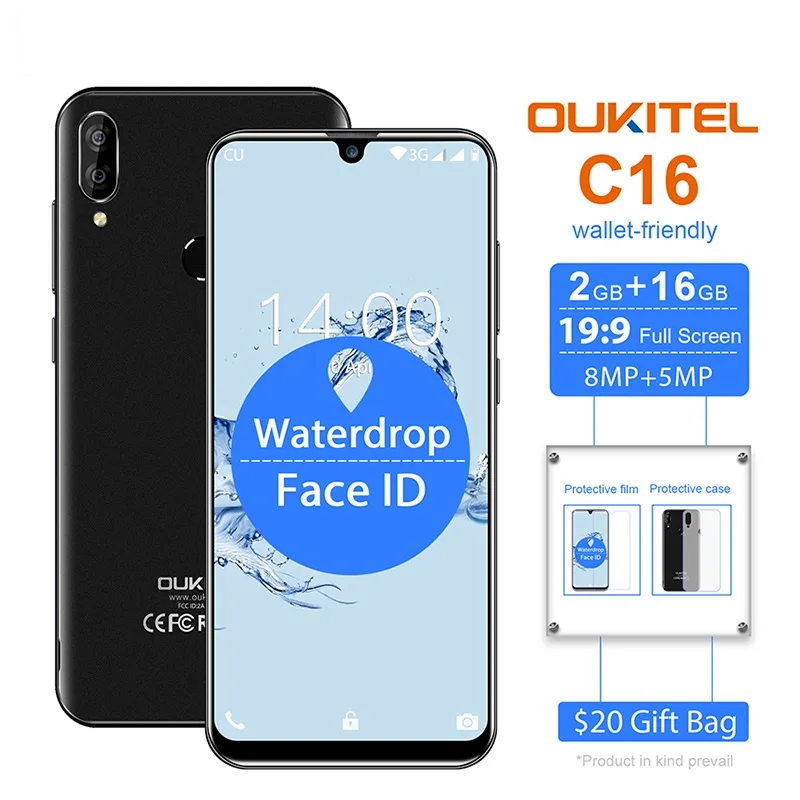 

OUKITEL C16 Smartphone 5.71'' 19:9 Waterdrop Screen Android 9.0 2GB 16GB Fingerprint Face ID 2600mAh Quad Dual 4G Mobile Phone