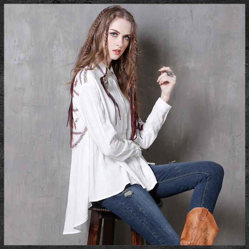 

New women's blouses in autumn wear, large lapel cardigan, retro cross embroidered large size, cotton and hemp shirt 2019