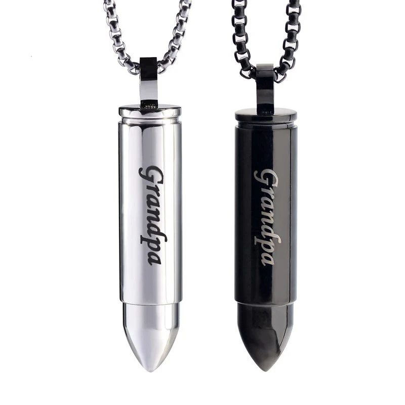 RIR Grandpa Cremation Urn Necklace Black Silver Stainless Steel Bullet