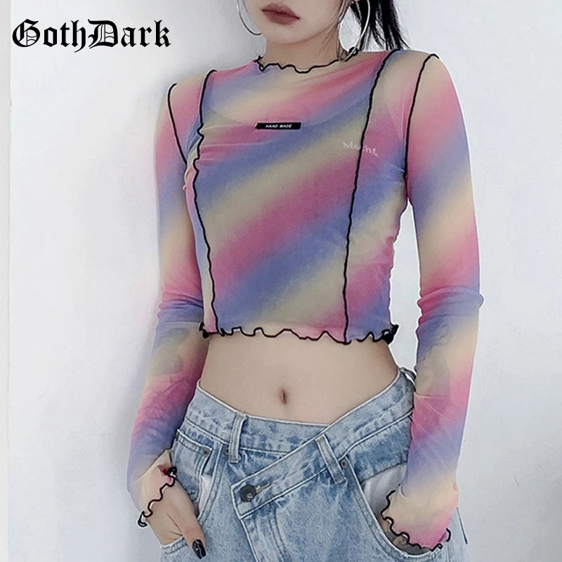 Женский укороченный топ Goth Dark модная Сетчатая футболка с разноцветным принтом