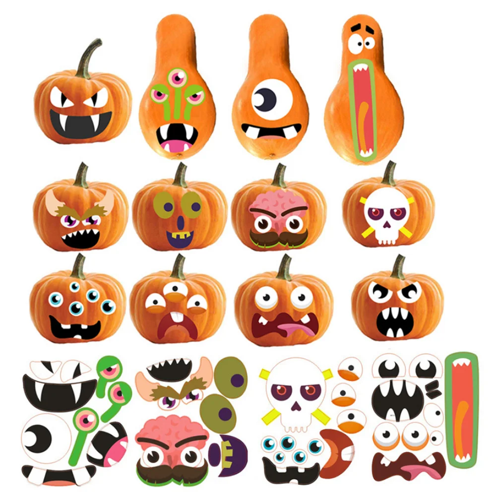 

Kids Halloween Cartoon Stickers 4 Sheet 12 Kinds Cute Pumpkin Faces Decorating Sticker Decals Halloween Party DIY Decoration Toy