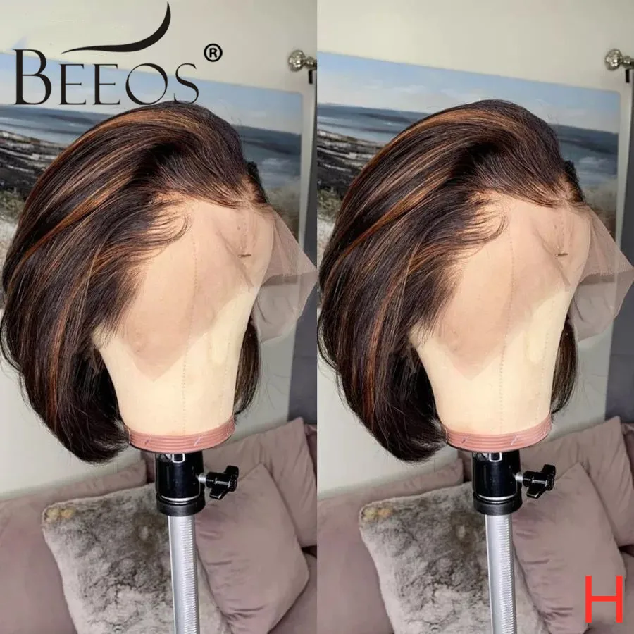 

Beeos 150% 360 Lace Front Human Hair Wigs Ombre Colored Short Bob PrePlucked With Baby Hair Bleached Knots Brazilian Remy Hair