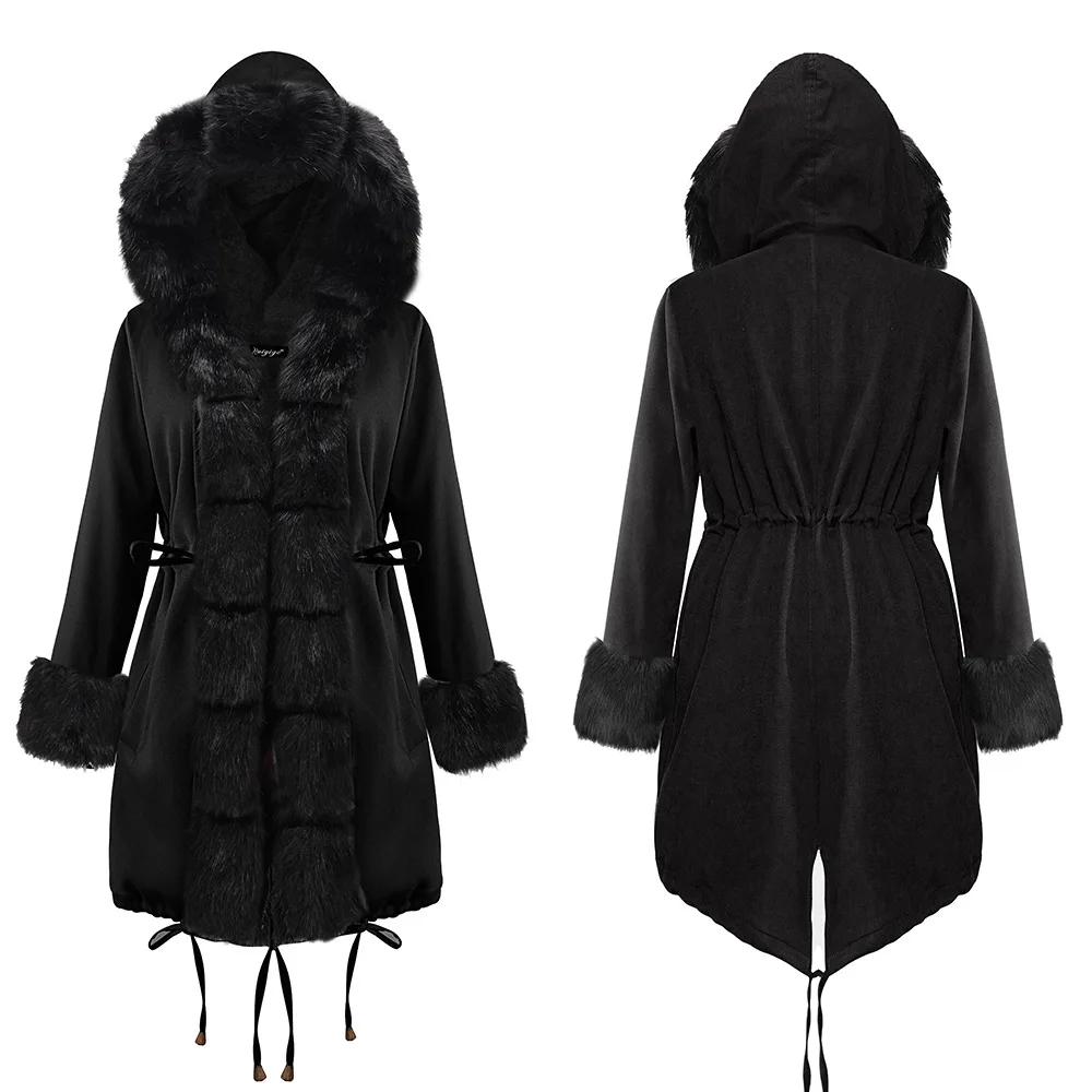 Теплое Женское пальто с меховым воротником, длинное плотное камуфляжное плюшевое пальто с капюшоном, зимняя женская куртка размера плюс, верхняя одежда, парка для женщин - Цвет: full black