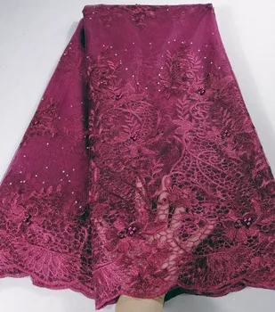 

2019 Latest Wine Nigerian Lace Fabric High Quality African Lace Fabric For Wedding Dress French Tulle Net Lace With Beads HX12A