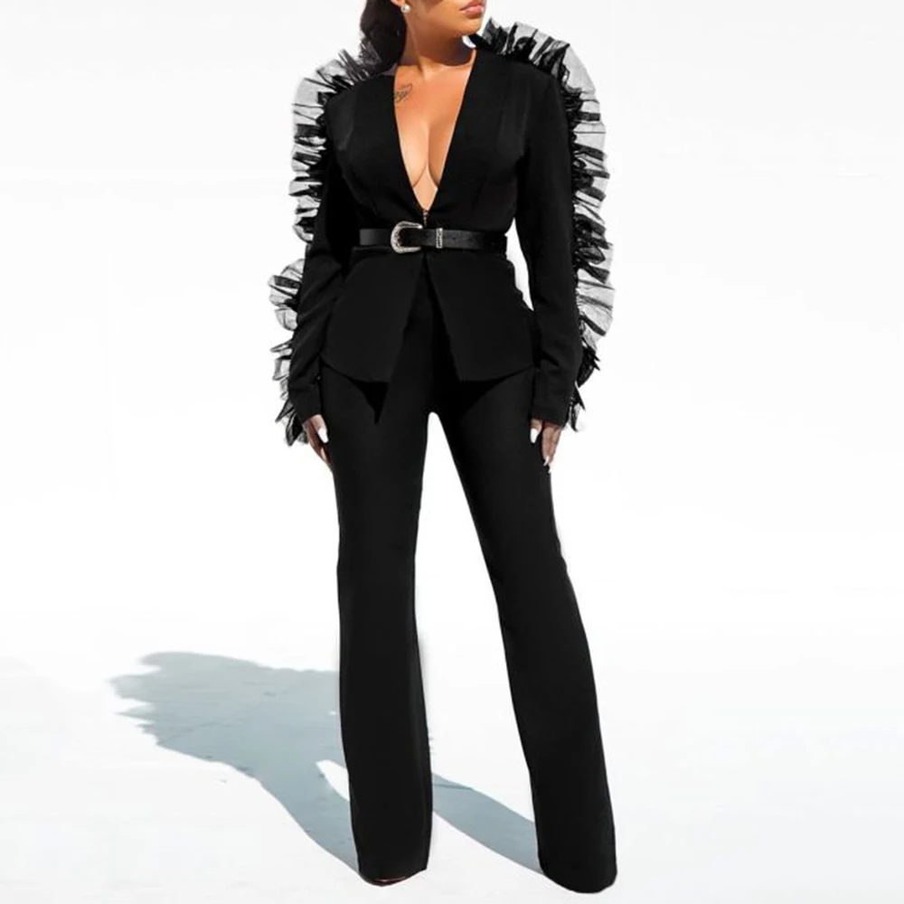

Office Ladies Two Piece Sets Sexy Deep V Nech Mesh Patchwork Solid Black Suit and Wide Legs Pants Women Sets Fashion Suit 2XL