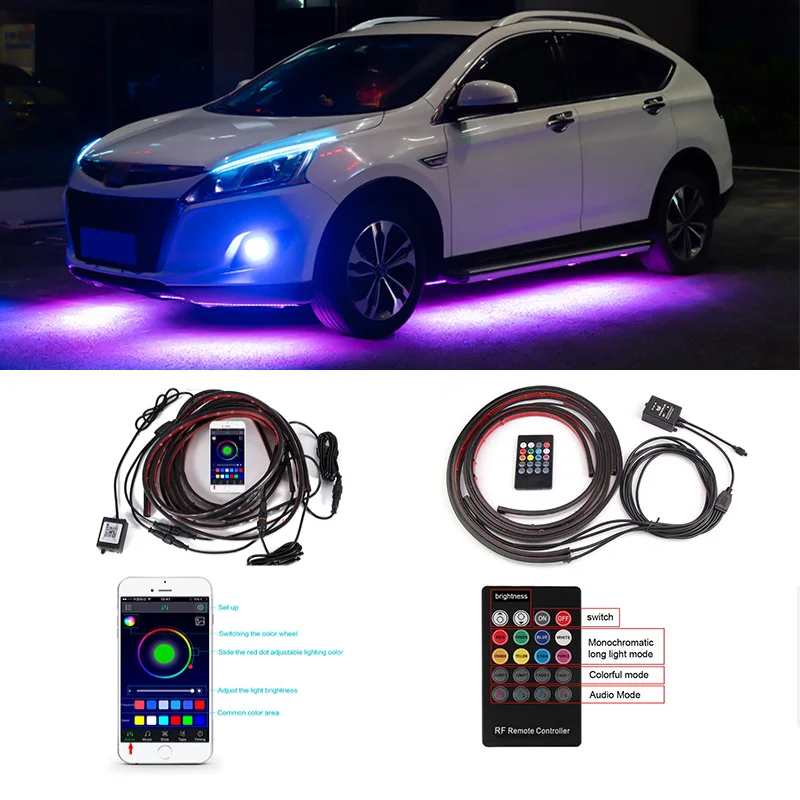 

NEW 4pcs Underbody System Neon Light Car Underglow Flexible Strip LED Remote /APP Control Decorative Atmosphere Lamp Underglow