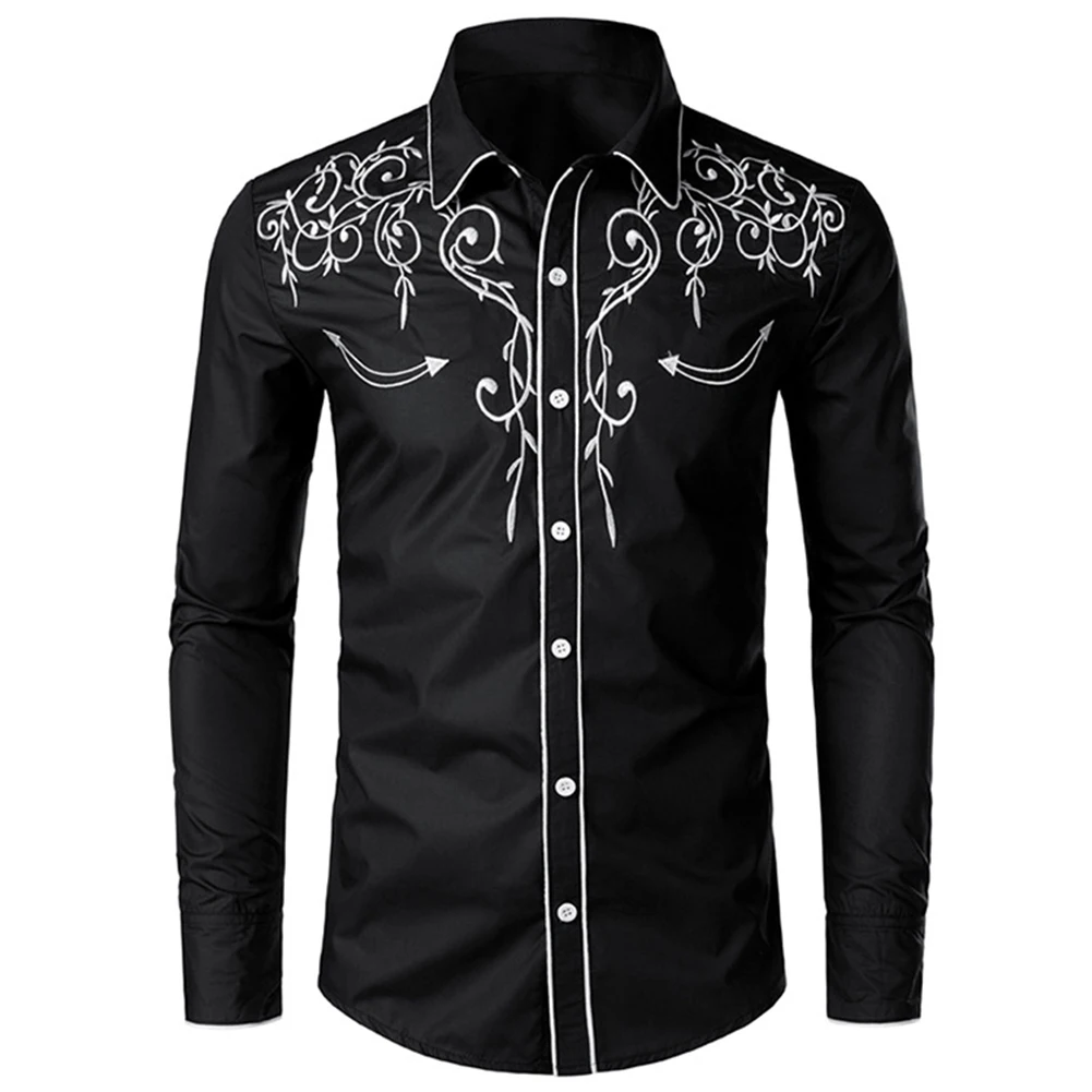 Men Shirts Solid Color Embroidered Long Sleeve Shirts Turn Down Collar Long Sleeve Shirt Top Office Meeting Vacation