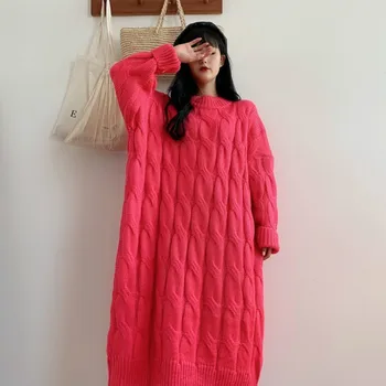 

SONDR 2020 Winter Female New Loose Casual Round Neck Solid Color Long Sleeve Minimalist Knitting Pullover Sweater Dress Green