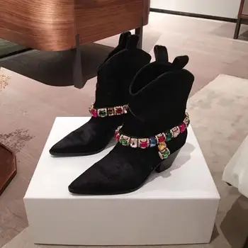 

Suede Ankle Boots Women Pointed Toe Crystal Chain Decor Horse Boots Women Real Leather 2020 Fashion Luxury Brand Designer Shoes