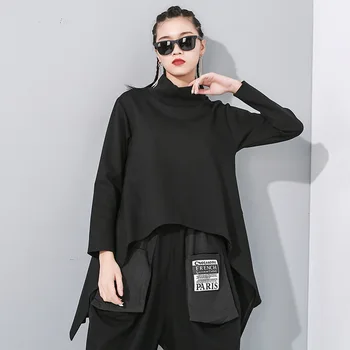 

2020 Pullover Highneck Hoodies Irregular Loose Waist Shirts For Women Spring New Arrivals Female Black Tops