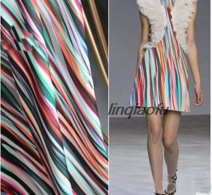 Утолщенная космическая хлопковая контрастная цветная полосатая цветная печать микро-эластичная Силуэт платье модная ткань