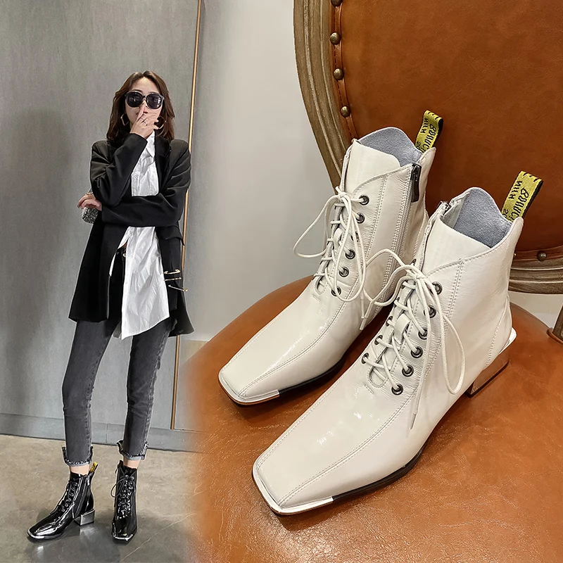 

2020 spring and autumn new simple square head cow patent leather short boots leather thick heel single boots female X155