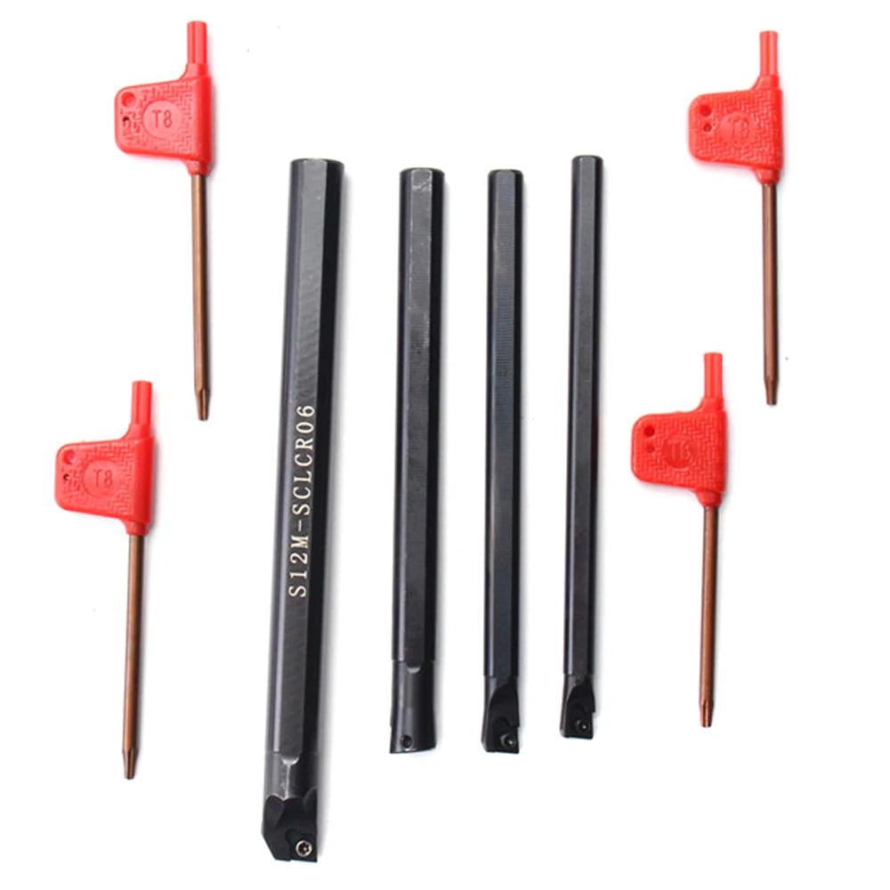 

4Pcs SCLCR06 7/8/10/12mm Lathe Boring Bar Tunring Tool Holders + 5Pcs CCMT0602 Inserts + 4Pcs Wrenches