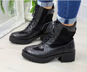 

2020 New Winter Women Boots Square Heel Snakeskin Boots Genuine Leather Lace Up Ankle Boots Plus Size 35-43 Botas Mujer