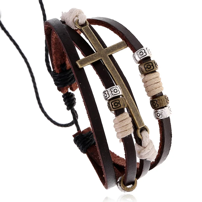 

Vintage Braided Leather Alloy Cross Bracelet Men Charm Adjustable Bracelet For Homme Punk Jewelry Handmade Multilayer Wristband