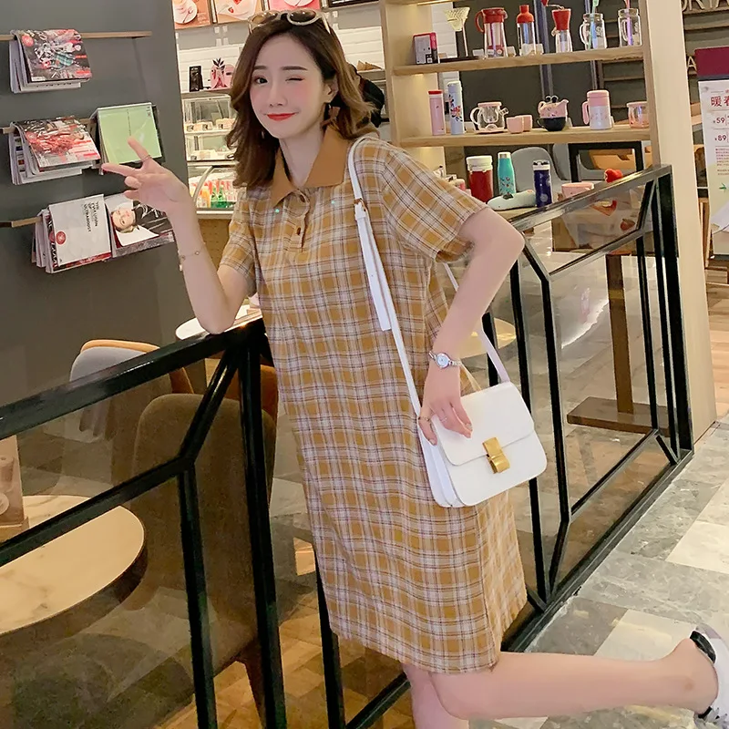 

Maternity Clothes New Style Summer Large Size Mid-length Loose-Fit Plaid T-shirt Skirt Polo Skirt Nursing Dress