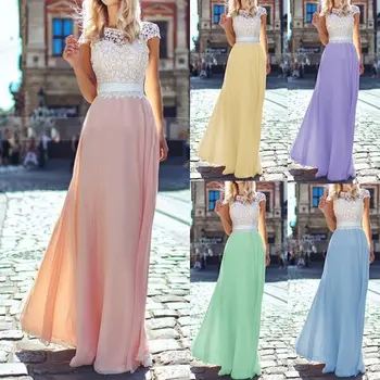 

clothing OWLPRINCESS Ladies lace stitching chiffon halter dress, short sleeve and floor skirt