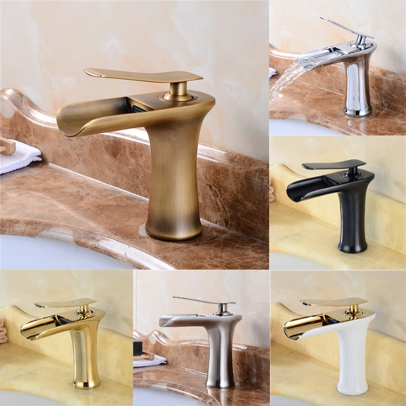 

Bathroom Waterfall Basin Faucets Brass Hot and Cold Tap Deck Mounted Water Mixer Sink Crane Antique Bronze Chrome Finished