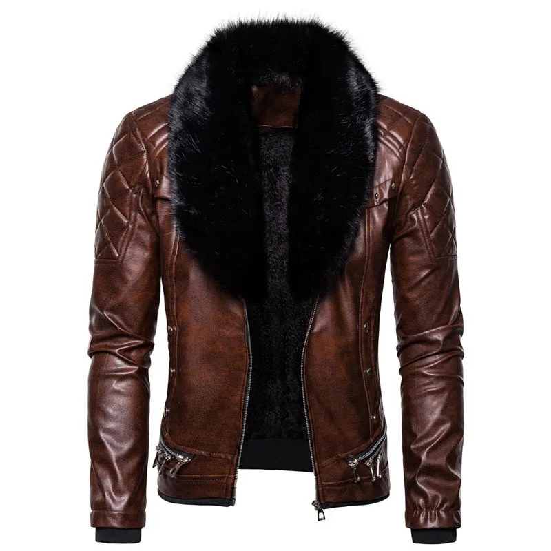KIOVNO Men Punk Zipper Leather Jackets Coats With Rivet Motorcycle Warm Leather Jackets Outwear For Male Detachable Fur Collar (11)