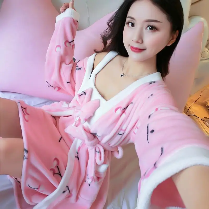 Комплект из 2 предметов, халат, женская розовая мягкая Домашняя одежда, плотное Коралловое кимоно из рунной шерсти, халат, домашняя одежда, зимняя фланелевая одежда для сна - Цвет: Style A