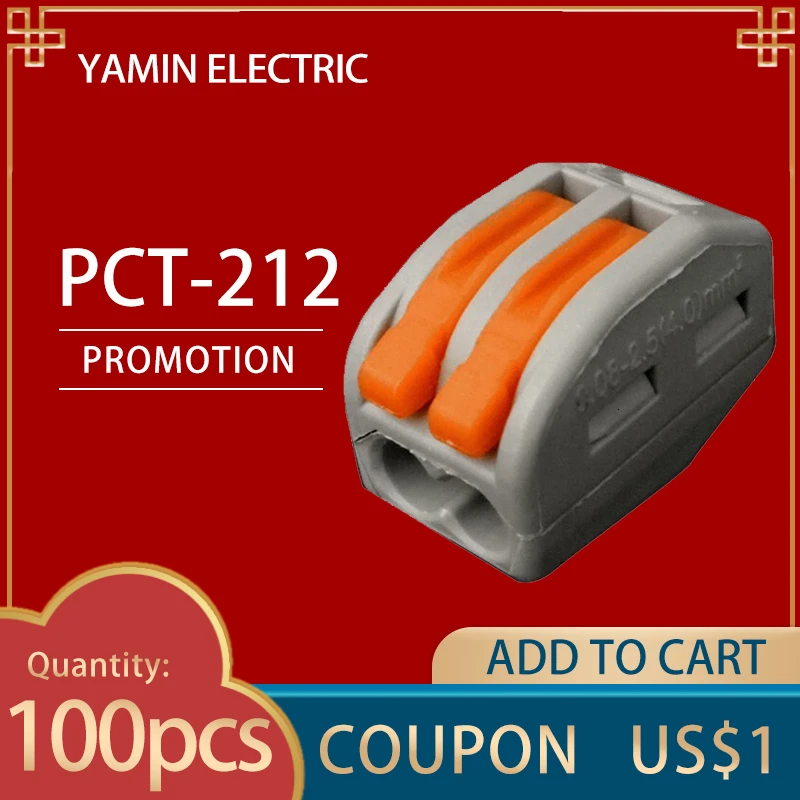 

PCT-212 (100pcs) Terminal Block Universal Compact Wire Wiring Connector 2 Pin Conductor With Lever 0.08-2.5mm2 PCT212