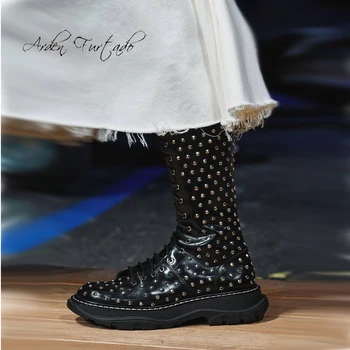 

Arden Furtado Fashion Women's Shoes Winter Ladies flat knee high Boots Classics Leather pure color Cross Lacing up rivets boots