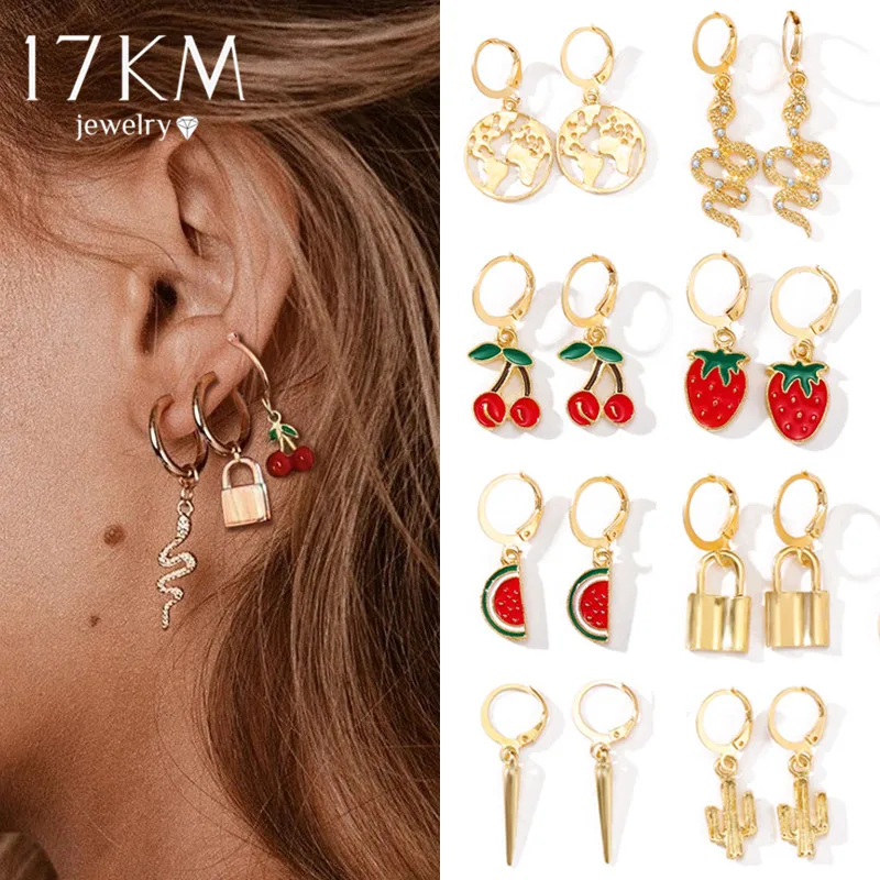 Cute Cherry Earrings-Set Gold-Map 17KM Snake-Animals Women for Lock Butterfly Jewelry
