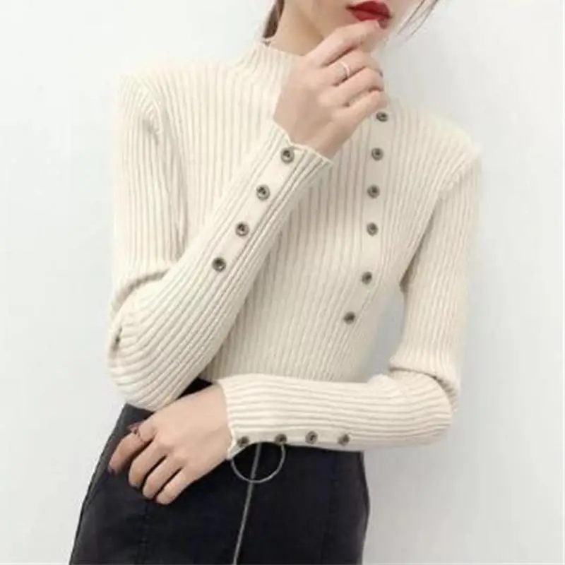 Sweater solid color turtleneck sweater bottoming shirt female autumn and winter button sweater knit slim wild Knitted sweater Sweater solid color turtleneck sweater bottoming shirt female autumn and winter button sweater knit slim wild Knitted sweater