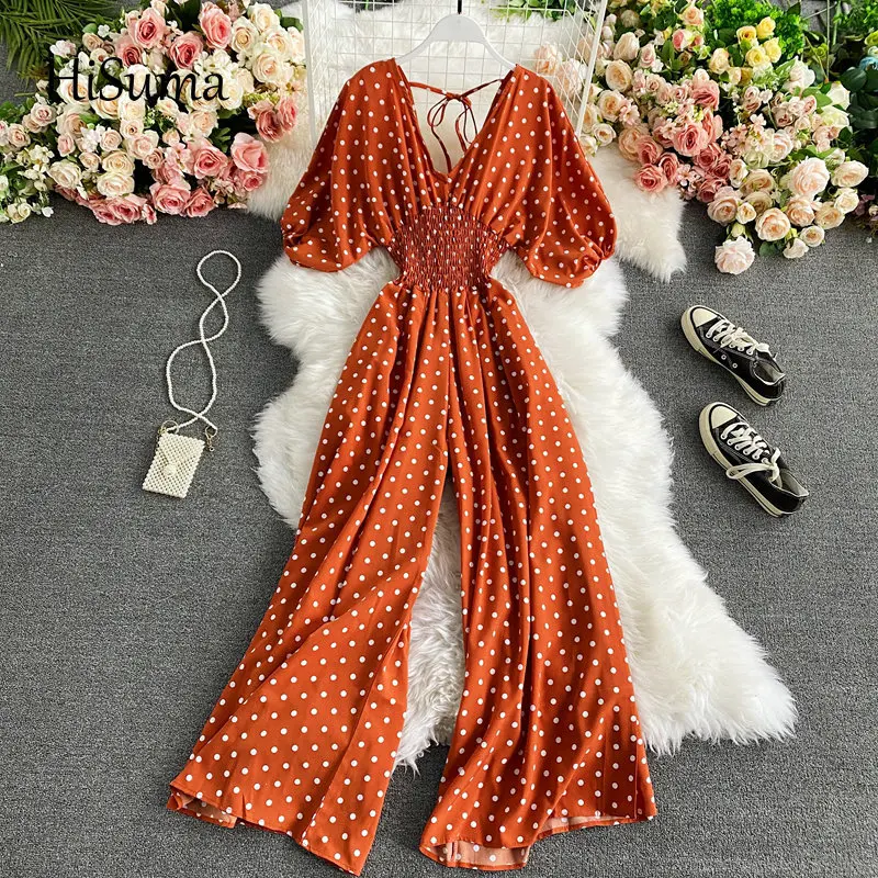 

2021 spring new women's dot print deep V neck puff sleeve chiffon jumpsuit female V collar Wide leg playsuits women bodysuit