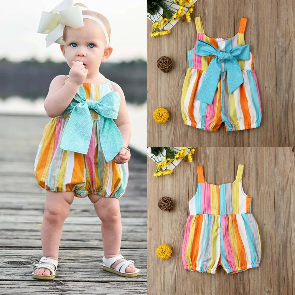 Colour Striped Милое Полосатое боди с бантом для новорожденных девочек, комбинезон одежды снаряжение - Цвет: Colour Striped