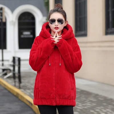 Faux Rex Rabbit Fur Coat Female Winter New Long Sleeve Korean Loose Plush Thick Hoodies Sweatshirt Jacket For Women f2084 - Цвет: red