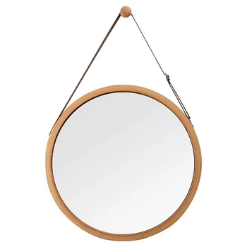 

Hanging Round Wall Mirror in Bathroom & Bedroom - Solid Bamboo Frame & Adjustable Leather Strap