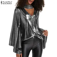 ZANZEA-Blusa con Halter para Mujer, elegante con capa metálica brillante, Blusas doradas para fiesta y discoteca, 2022 - AliExpress Ropa de mujer