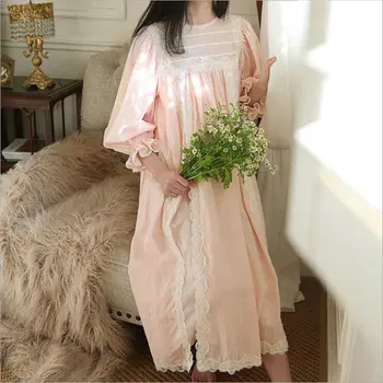 

2021 Princess Spring Full Sleeves Lace Nightgown Vintage Long Style French Sleepwear Women Elegant Crewneck Sweet Homedress New