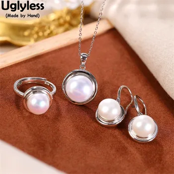 

Uglyless Natural Pearls Elegant Women Silver Earrings Rings Pendants Necklaces NO Chain Genuine 925 Silver Jewelry Sets Pearls