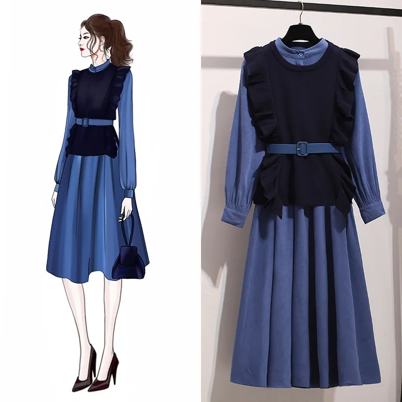 

2020 Autumn Winter Woman Dress Two Piece Mid Long Platycodon Small Fragrance Dress Vintage Slim High Waist Korean Long Sleeve