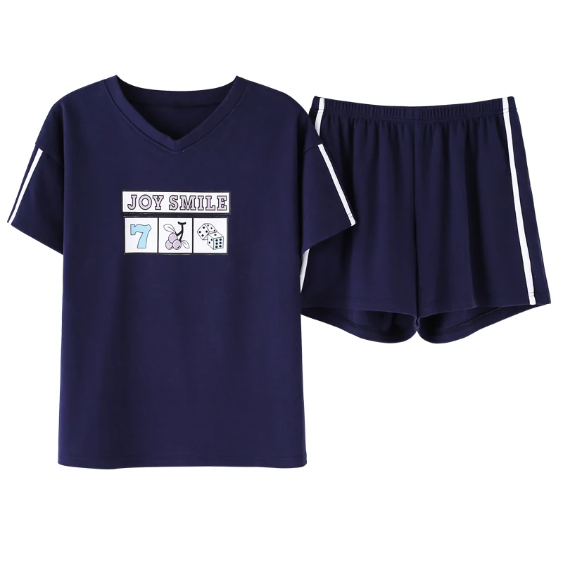 

Crew Neck Homesuit Homeclothes Summer Blue Top Short Pants Letter Printing Pajamas Set Sleepwear Preppy Style Chinese Pajamas