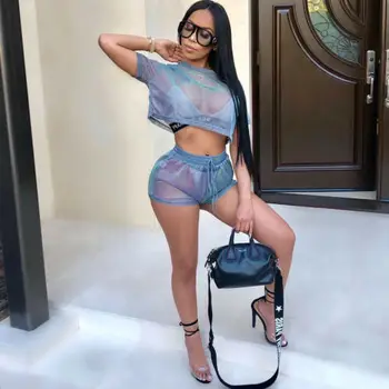 

Sexy Women 2 Piece Hollow Mesh Crop Top Shorts Set Jumpsuit Romper Short Sleeve