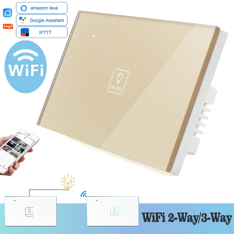 WIFI сенсорный светильник настенный выключатель Золотое стекло синий светодиод