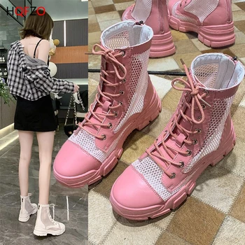 

HQFZO Summer Women Ankle Boots Mesh Zip Cross-tied Breathable Round Toe Fashion Bootines Pu Leather Women Shoes