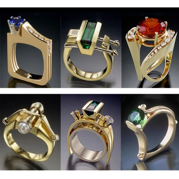 

Modern 2019 Geometric Multi-layer Gold Rhinestone Ring Charms Jewelry Red Green Blue CZ Wedding Rings Men Women Gift Z3T235