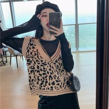 

2020 Leopard Sweater Women's Winter New Loose Student Korean V-neck Pullover Vest Jacket Short Vest Women