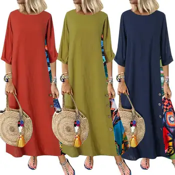 

Plus Size Women's Patchwork Sundress ZANZEA 2020 Kaftan Maxi Dress Casual Summer Vestidos Female O Neck 3/4 Sleeve Floral Robe