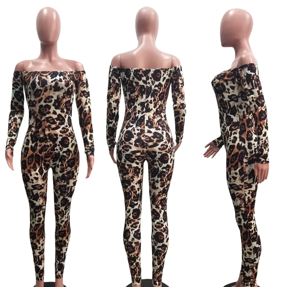 Осенняя одежда, сексуальные комбинезоны с вырезом лодочкой, женские леопардовые сплайсированные костюмы для «кошечки», Клубные Модные сексуальные комбинезоны DS3672 - Цвет: Коричневый