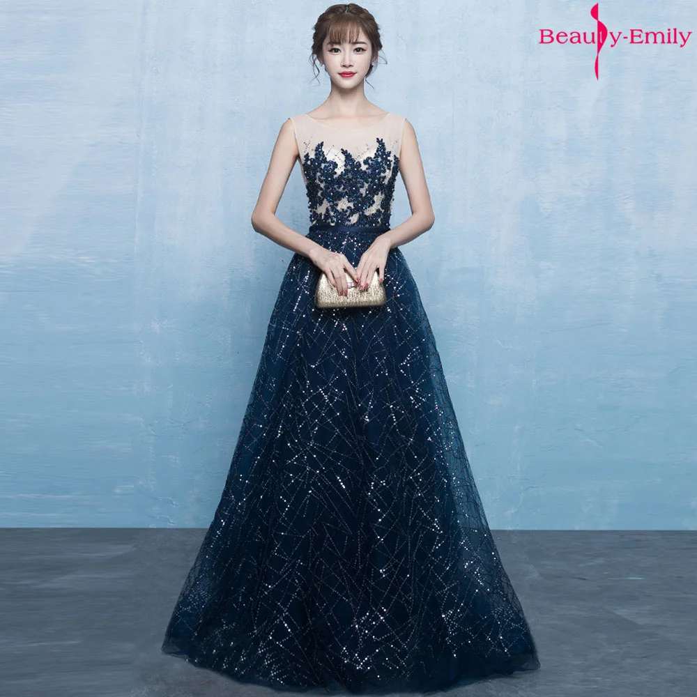Beauty-Emily/Вечерние платья с круглым вырезом, блестками и аппликацией; вечерние платья с длинным шлейфом; Вечерние платья из тюля с открытой спиной; vestidos de festa