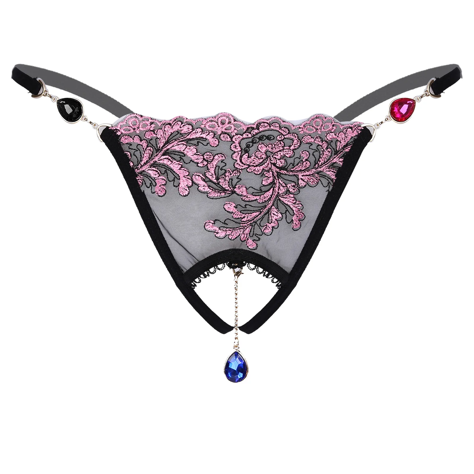 Men's Panties Rhinestone Pendant Flower Embroidery Thongs Sissy Underpants Crotchless G-string Open Butt Briefs Gay Underwear