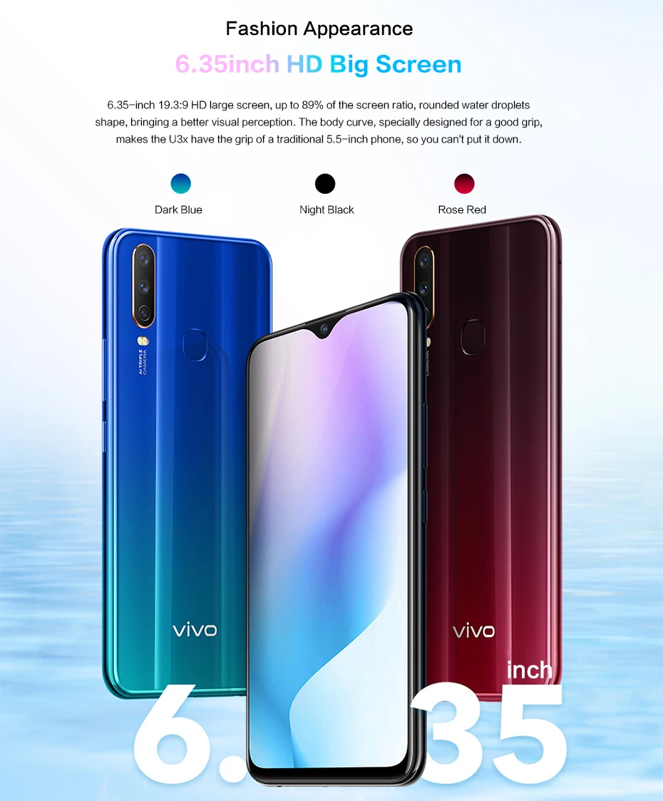 Профессиональный смартфон Vivo U3x Celular Andriord Octa Core 5000mAh Big Battey 18W Dash с 3 тыловыми камерами 3GB 32GB 6,35''