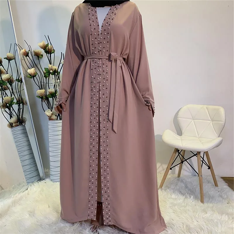 Latest Muslim Abayas for Women Islamic Fashion Pearls Kimono Robe Modest Dress Long Elegant Cardigans Clothing