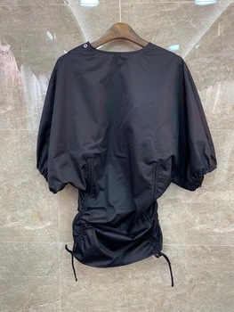 

2020 Spring and Summer New Women's round Neck Hem Wrinkle Button Drawstring Bat Sleeve Backless All-match Top 702